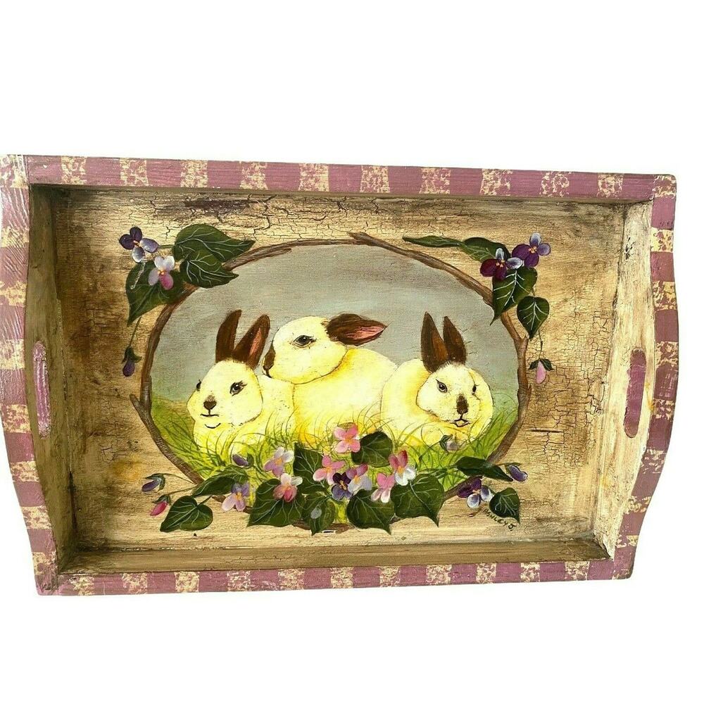 Vintage Bunny Rabbit Easter Tray | Hand Painted Wood Serving Vanity Tray